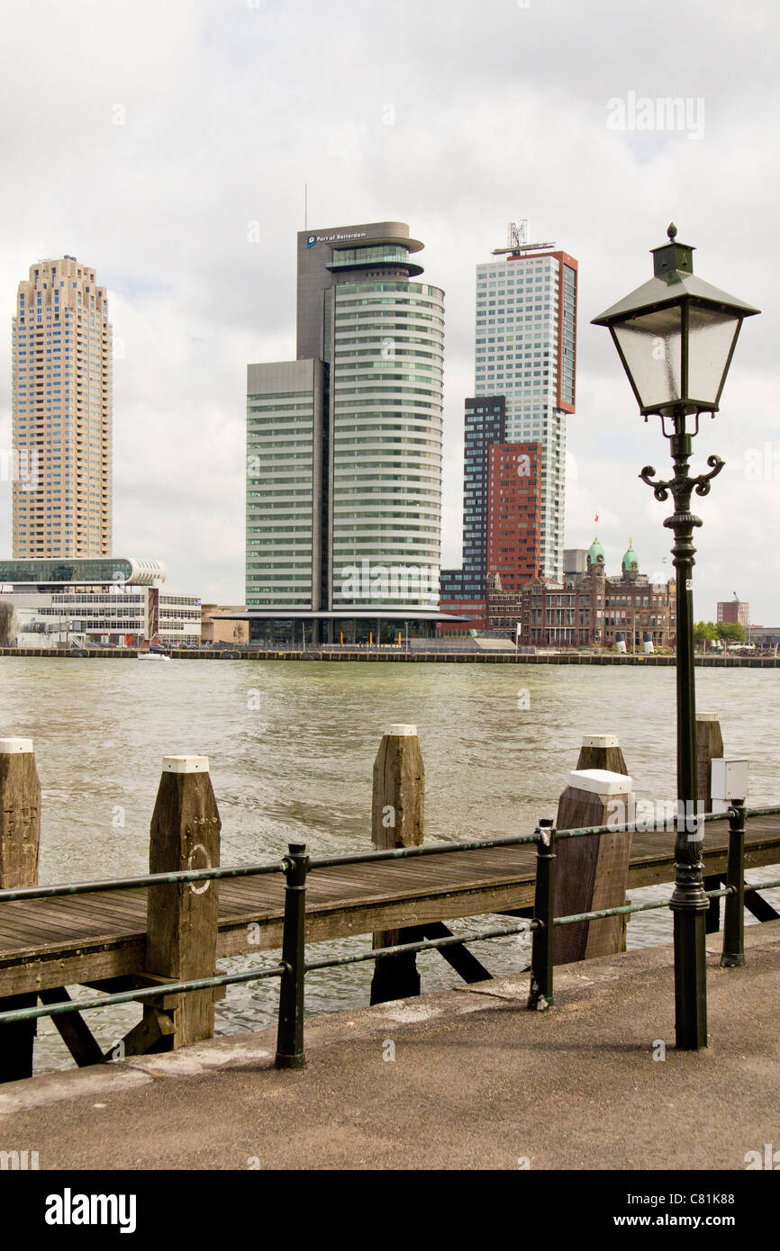 Looking from Veerhaven across the Nieuwe Mass to the tower architecture of Kop van Zuid, Rotterdam, Netherlands Stock Photo