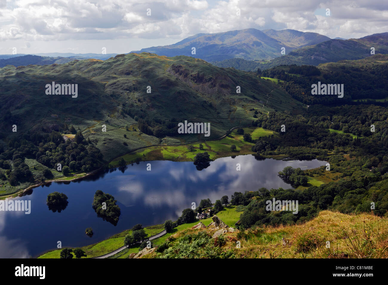 Looking down over Rydal Water from Nab Scar in the Lake District National Park, Cumbria. Stock Photo