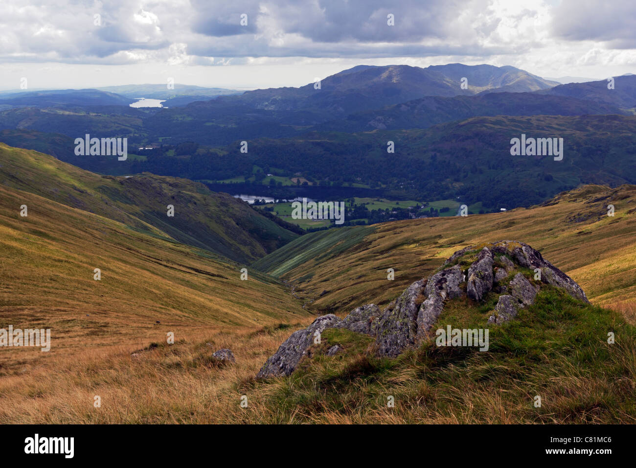 Looking down from Fairfield over towards Windermere in the Lake District National Park, Cumbria. Stock Photo