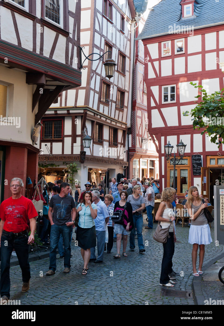 Busy street with tourists in Bernkastel-Kues village on River Mosel in Mosel valley in Germany Stock Photo