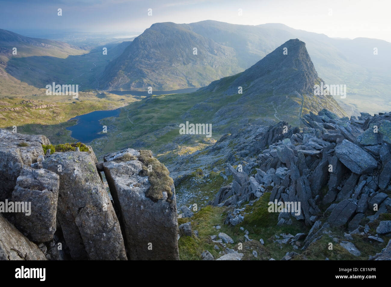 Tryfan and the Ogwen Valley from Glyder Fach. Snowdonia National Park. Conwy. Wales. Stock Photo