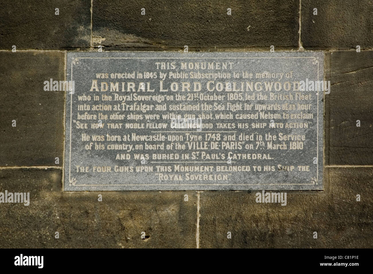 England Tyne&Wear Tynemouth Collingwood monument plaque Stock Photo