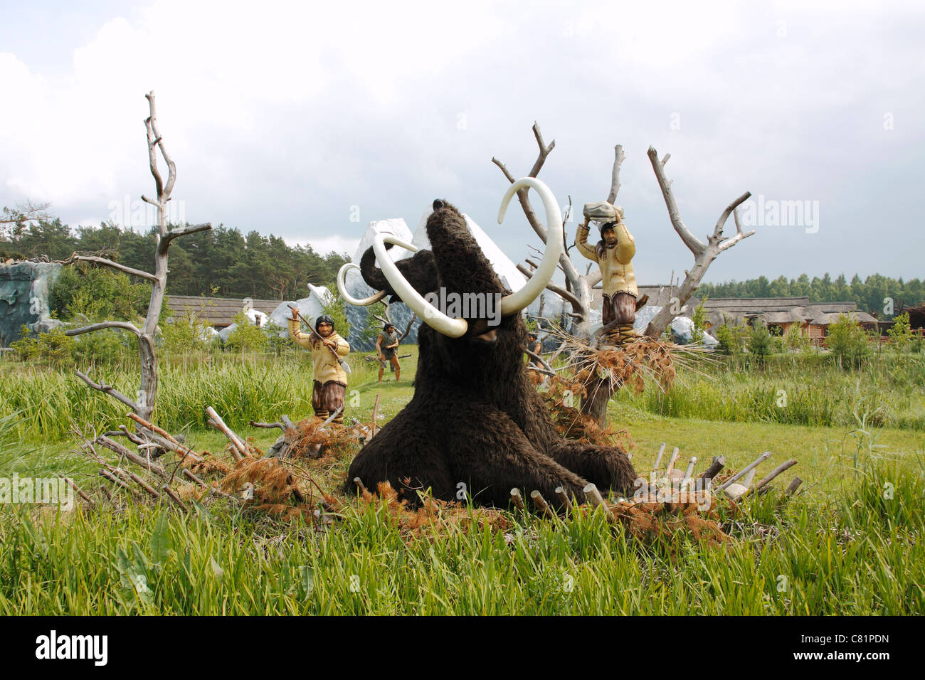 Mammoth hunt in Leba Park (dinosaur theme park), Poland Stock Photo