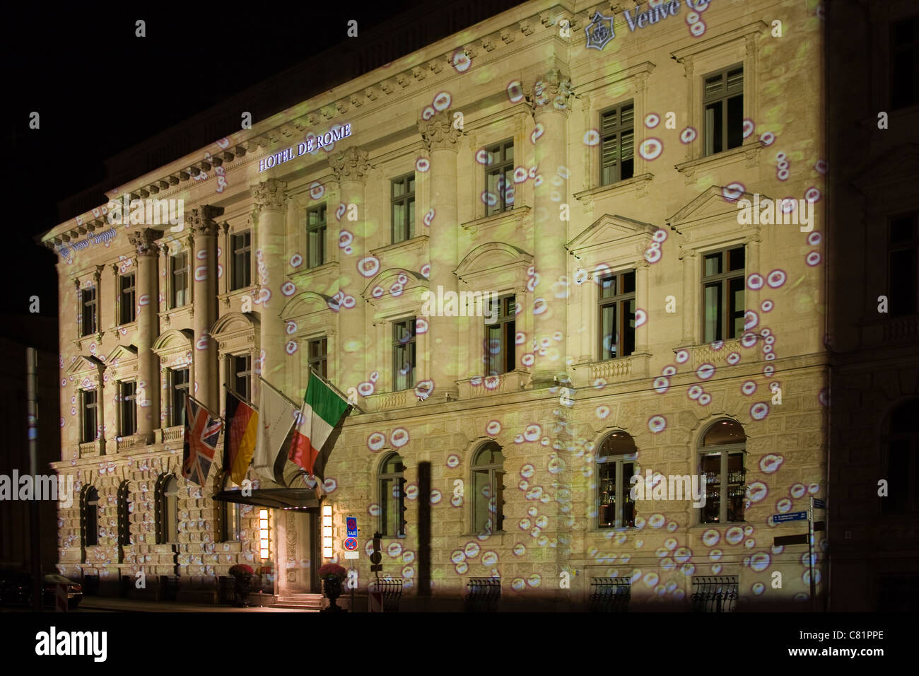 Image taken at night of the Hotel de Rome during the Festival of Lights in Berlin in October 2010. Stock Photo