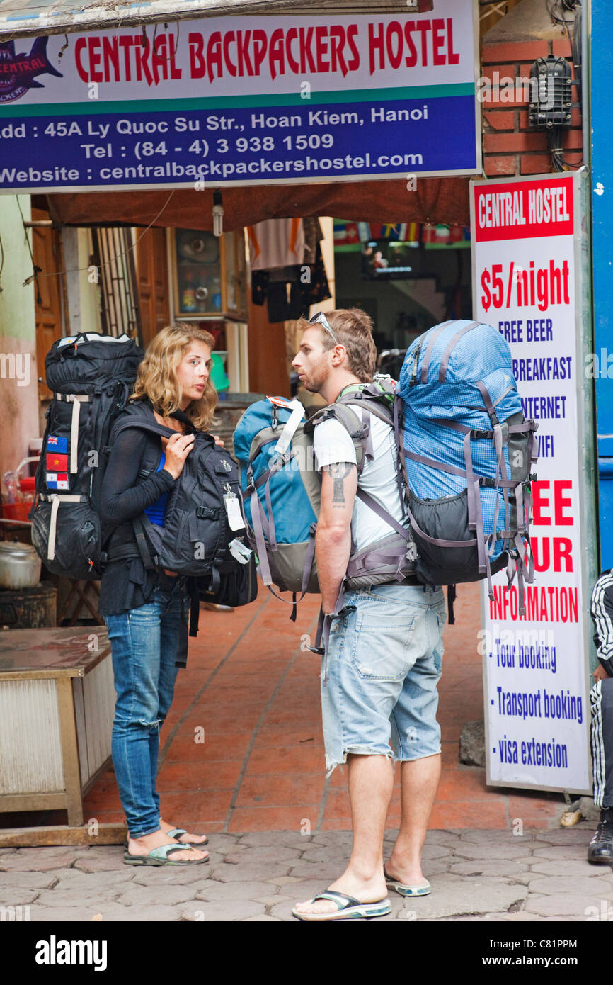 Vietnam Hanoi Young Foreigners in front of Typical Backpackers Hostel