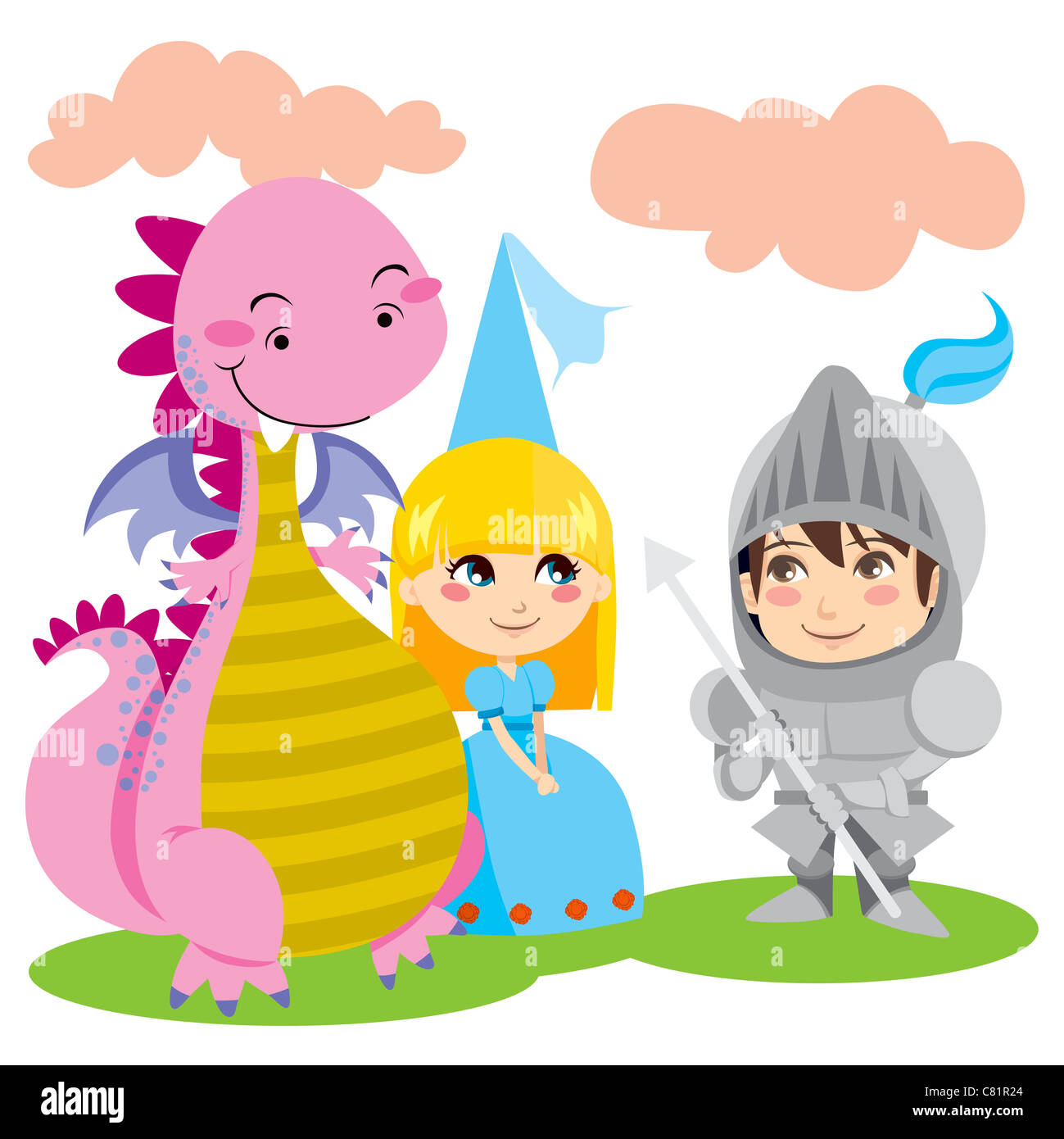 Knight in steel armor talks with pretty blond princess and her pink dragon friend Stock Photo