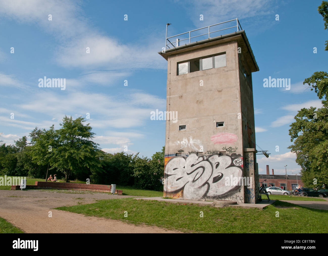 Preserved East German Berlin Wall watchtower, Berlin Stock Photo