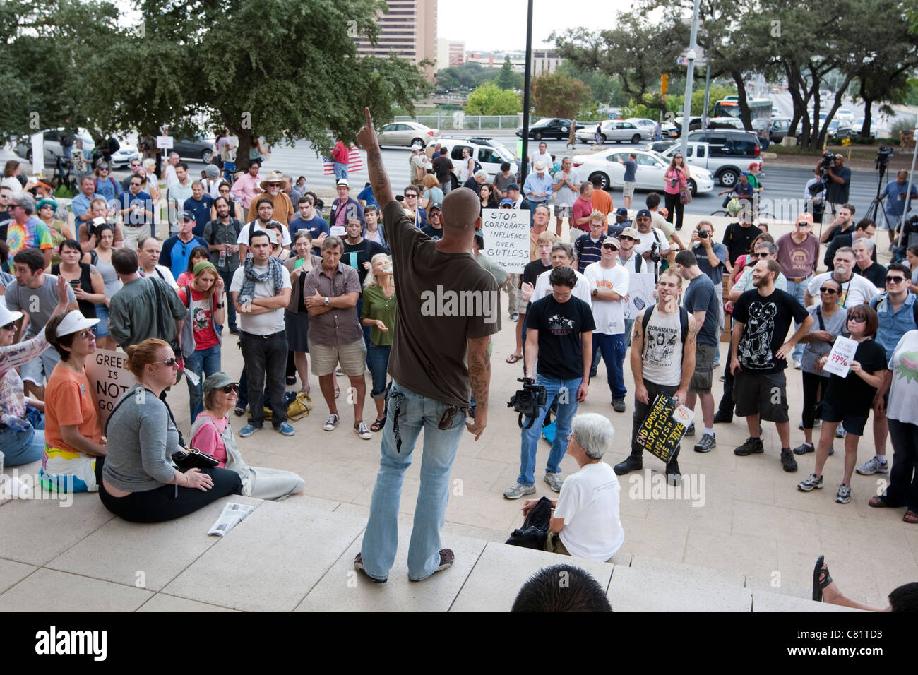 Small crowd at an Occupy Austin demonstration at City Hall. Occupy Austin is an offshoot of Occupy Wall Street Stock Photo