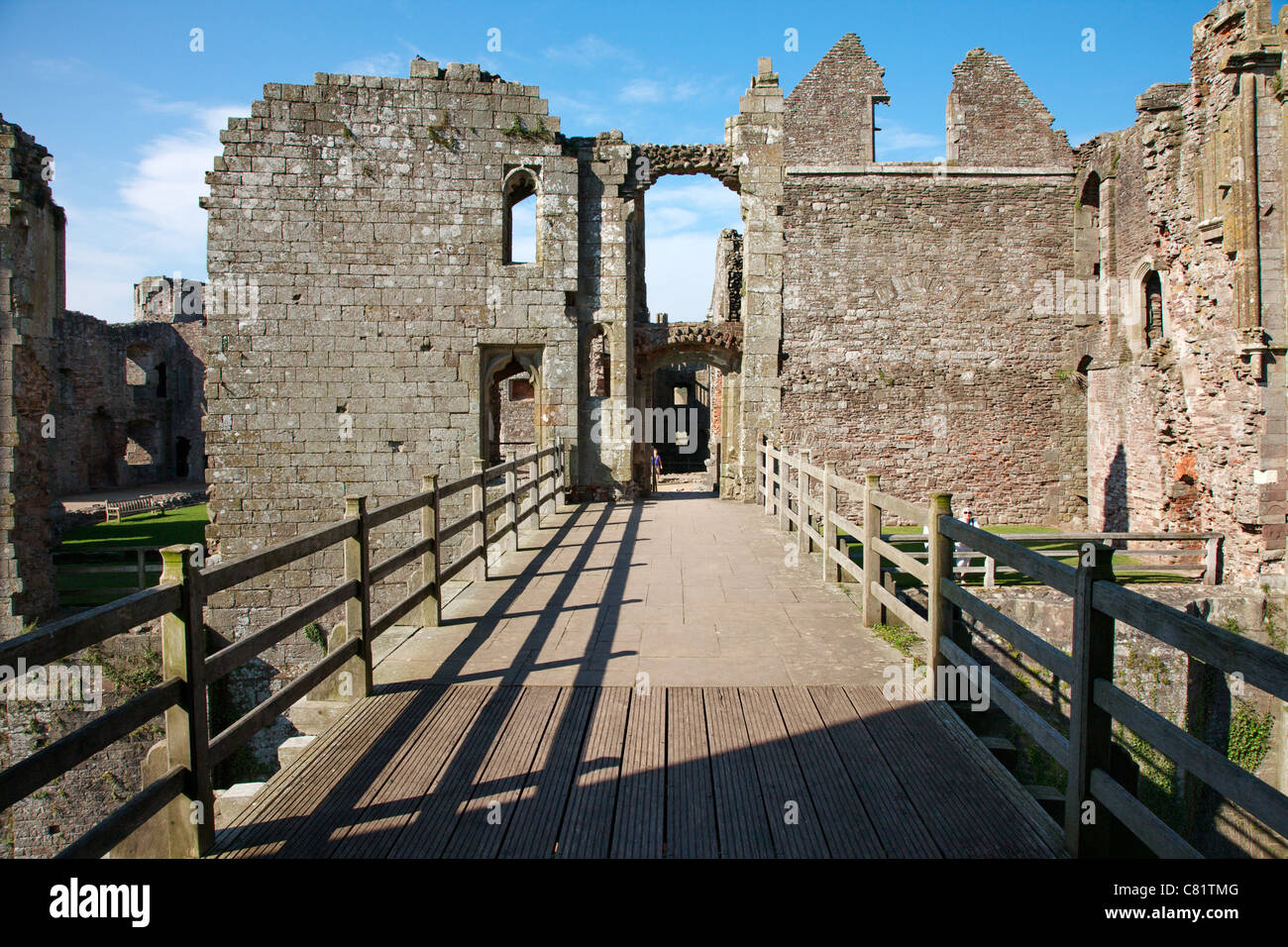 Bridge from the Great Tower to the main building complex at Raglan Castle near Monmouth South Wales Stock Photo
