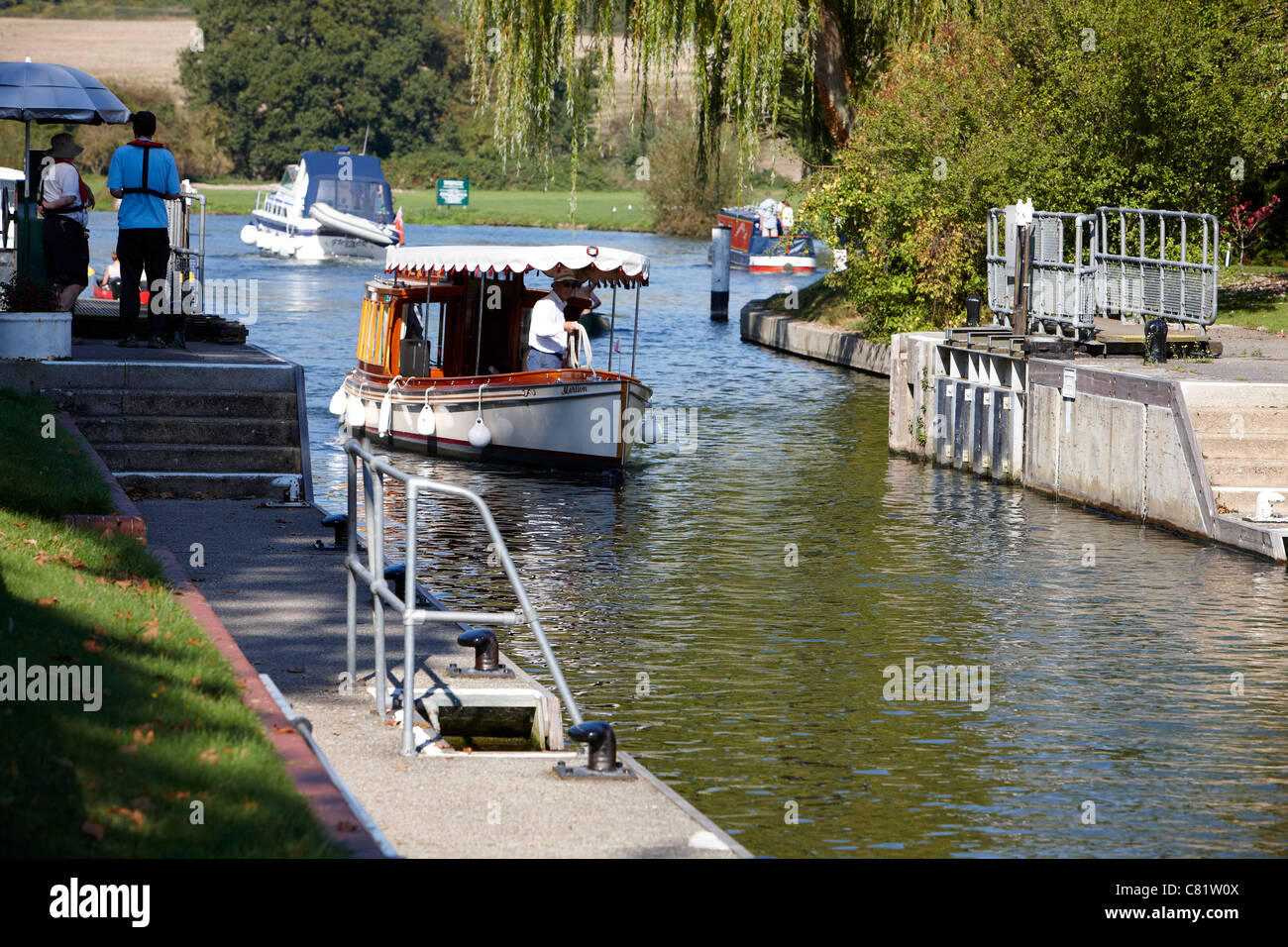 A Thames Cruiser entering the lock at Maple Durham, Berkshire. Stock Photo