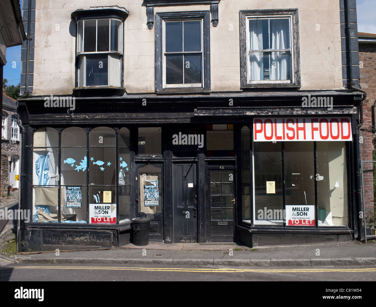 Closed down Polish Food shop and fresh fish shop in Redruth, Cornwall UK. Stock Photo