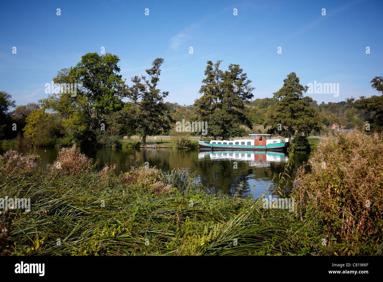 The barge Morgenster moored alongside the River Thames near to Pangbourne, Reading, Berkshire. Stock Photo