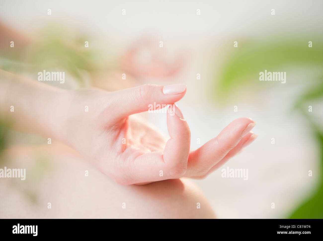 Close up of Korean woman's hands making yoga gesture Stock Photo