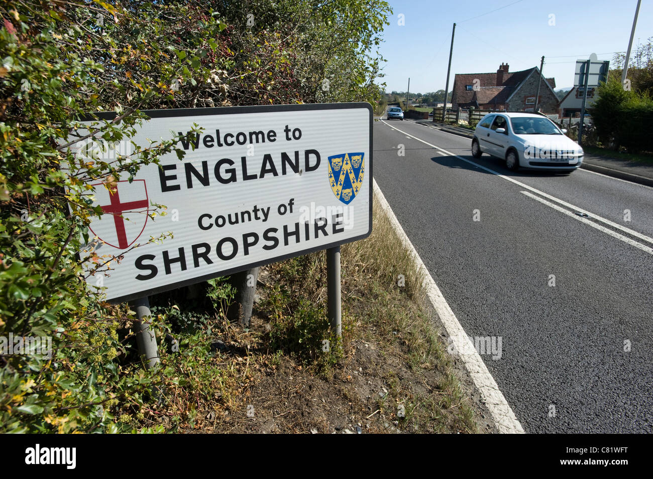 "Welcome to England" sign in the County of Shropshire on the England / Wales border on the A458 road. Stock Photo