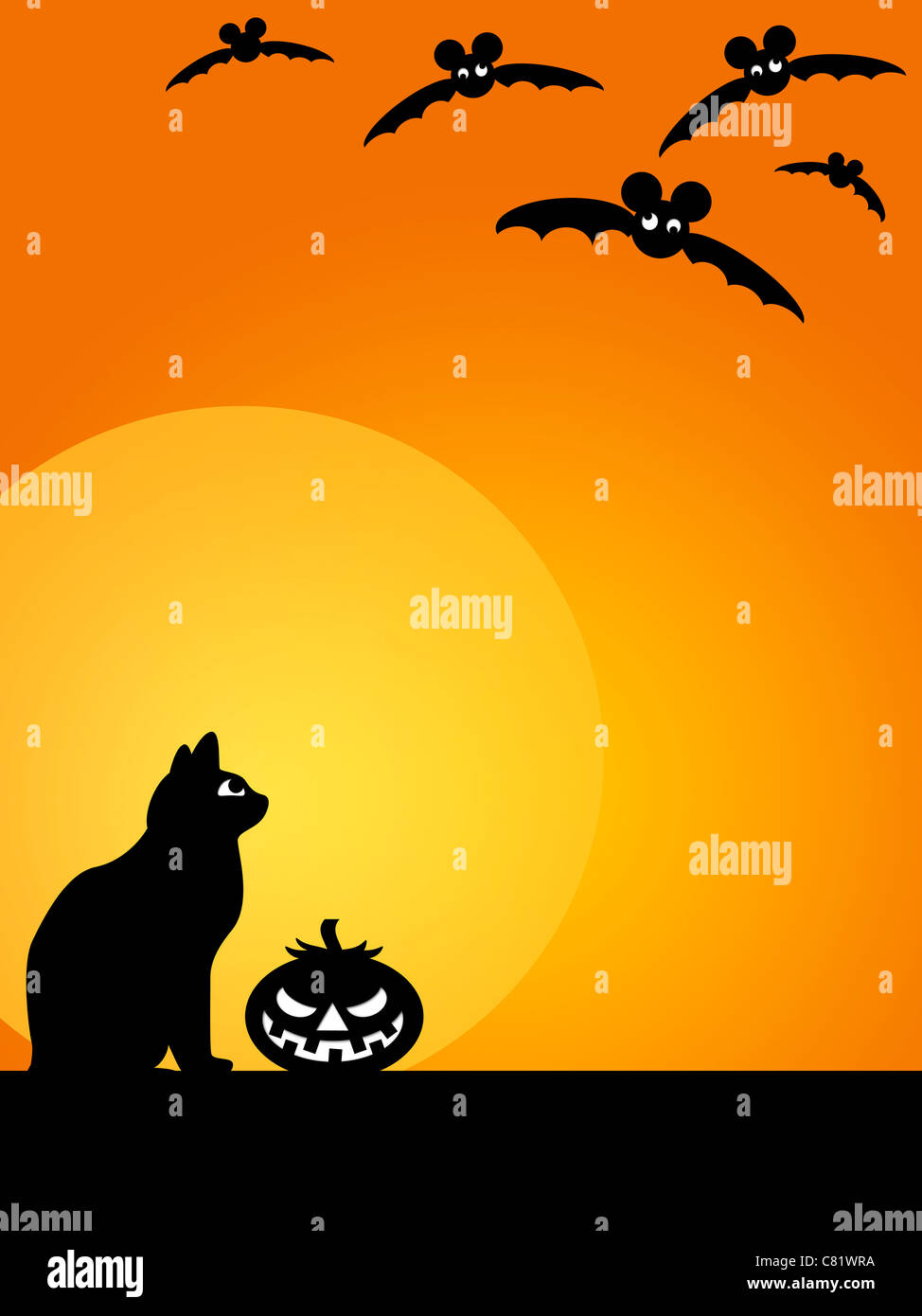 Halloween Carved Pumpkin Black Cat Moon and Flying Bats Illustration ...