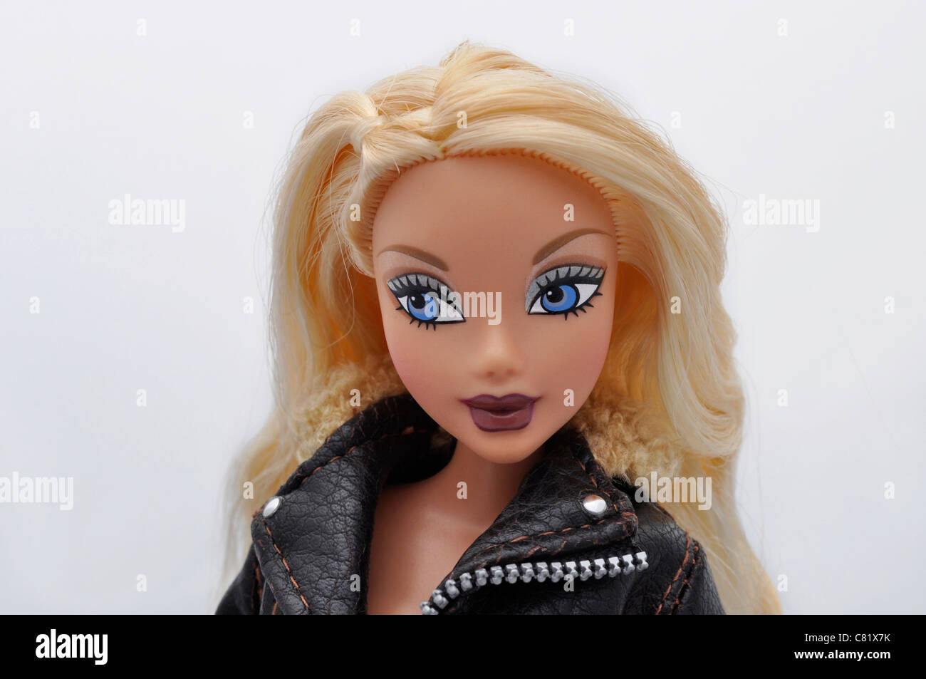 Blonde My Scene Barbie Doll wearing a leather jacket, head and shoulders shot Stock Photo