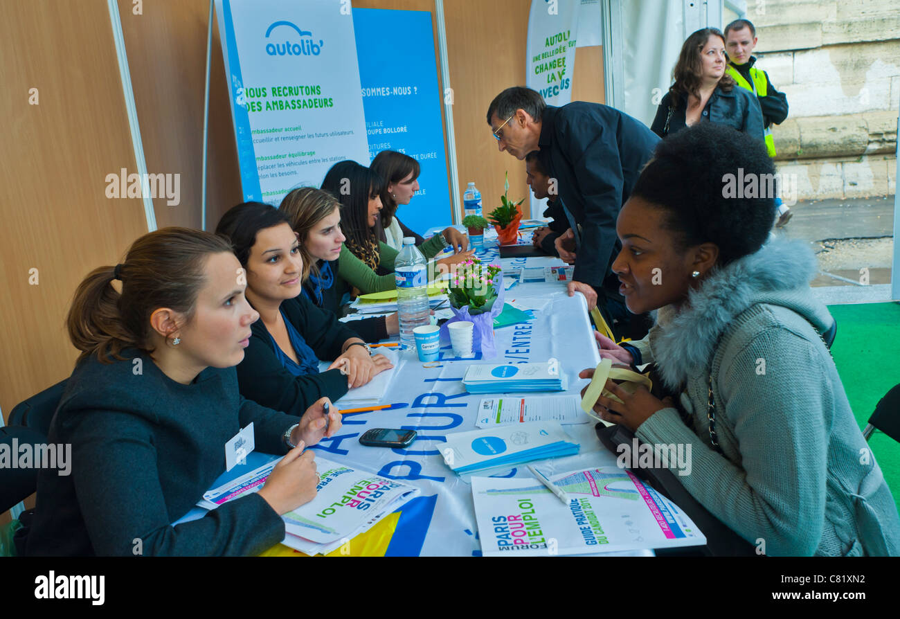 Paris, France, Large Group People at Paris Job Fair, Job Seekers being Interviewed by Autolib Company, Electric Car Sharing Scheme, discussion employers, Paris integrated, europe multiracial job Stock Photo