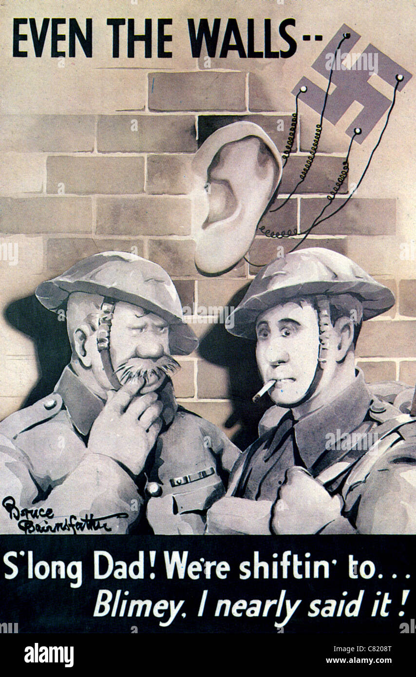 EVEN THE WALLS British WW2 poster designed by Bruce Bairnsfather based on the Old Bill character at left he created during WWI Stock Photo