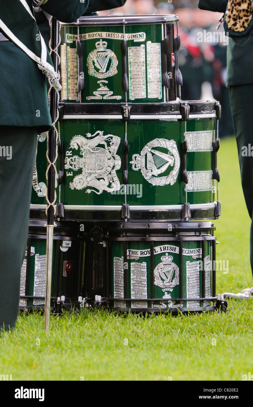 Laying of the drums of the Royal Irish Regiment at a Drumhead Ceremony, a tradition before a religious ceremony prior to battle Stock Photo