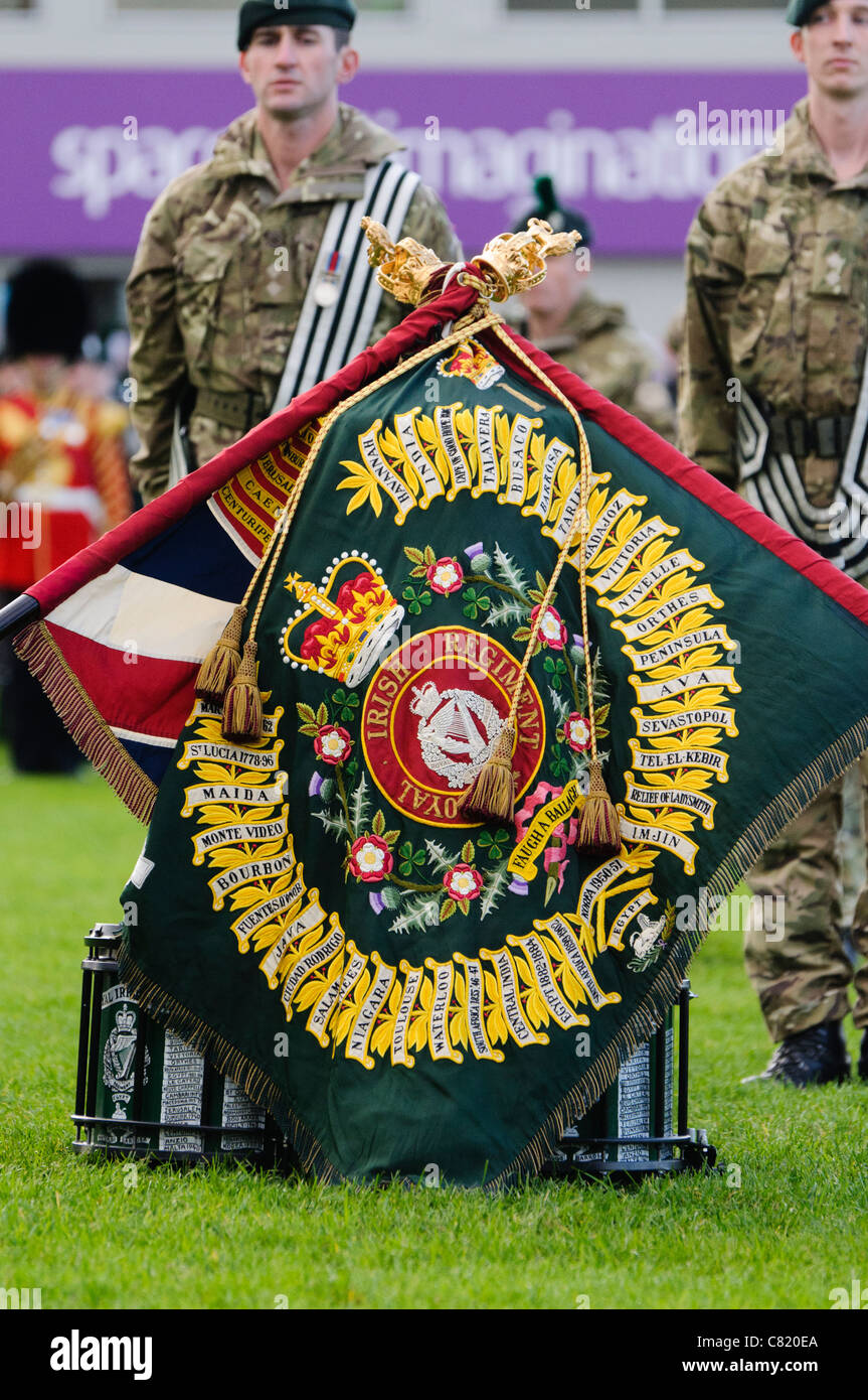 Laying of the drums of the Royal  Irish Regiment at a Drumhead Ceremony, a tradition before a religious ceremony prior to battle Stock Photo