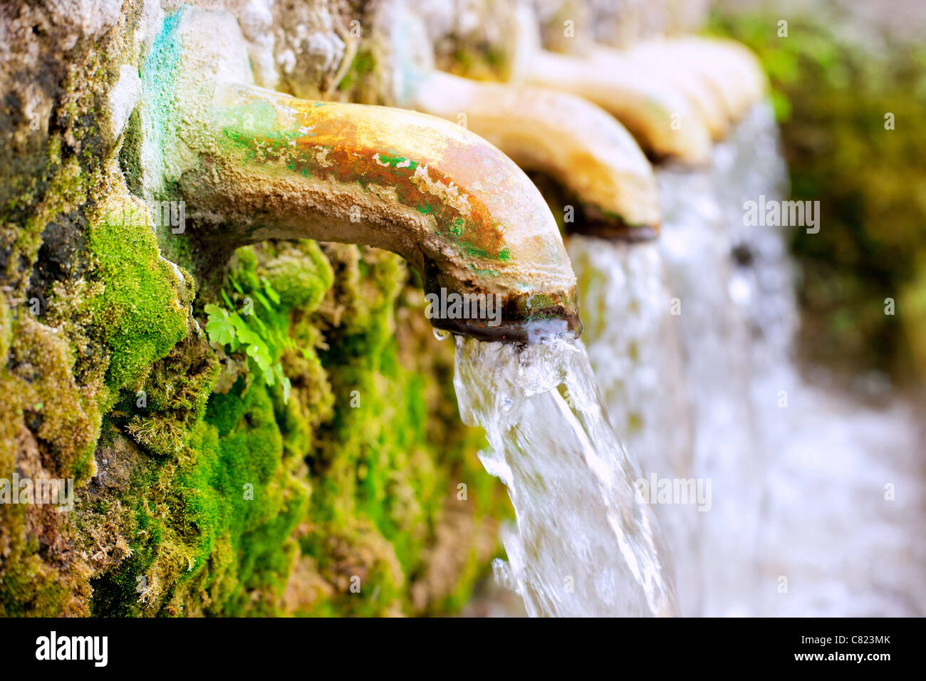 brass fountain water source spring with green moss Stock Photo