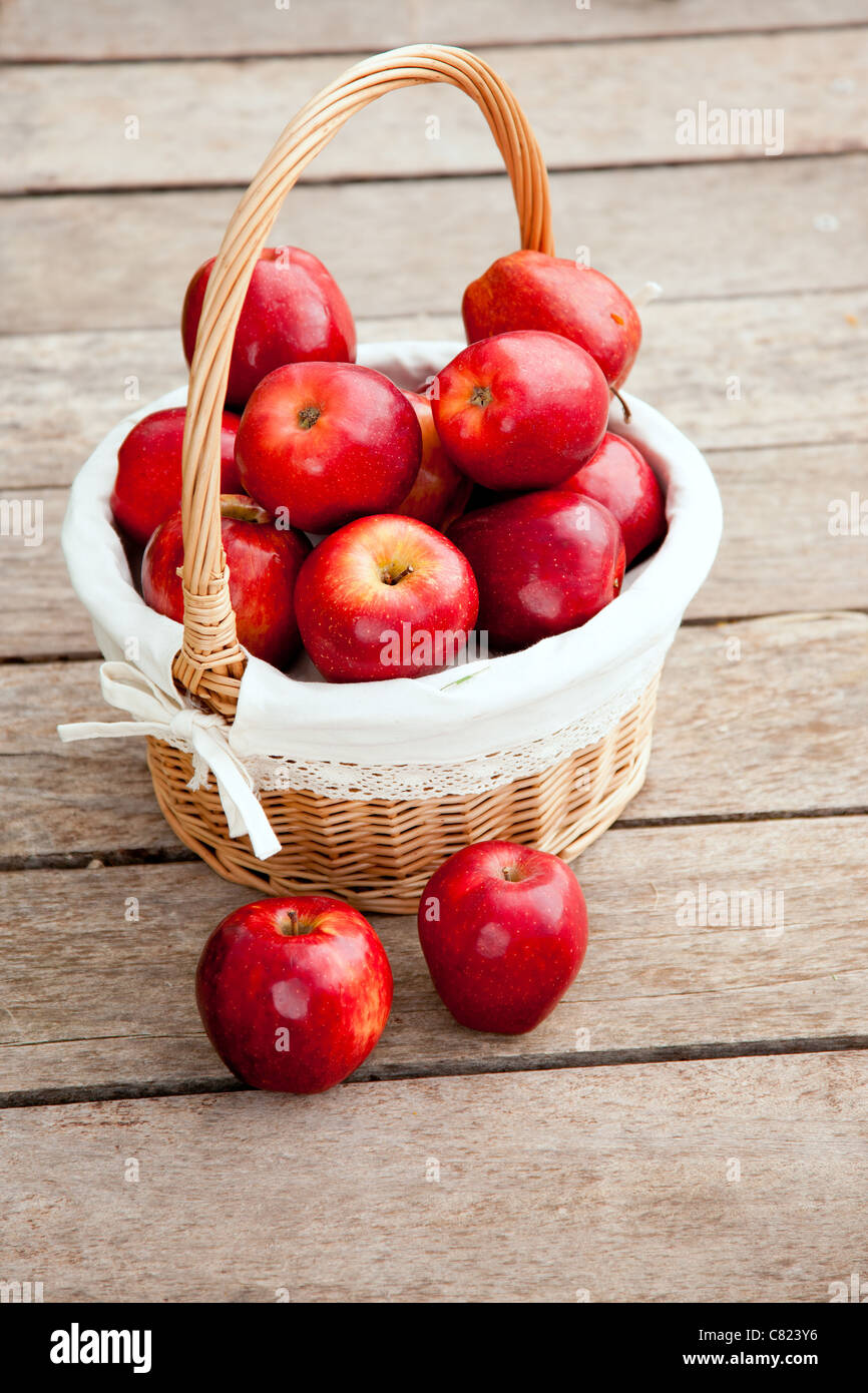 basket of red apples on wood floor aerial view Stock Photo Alamy