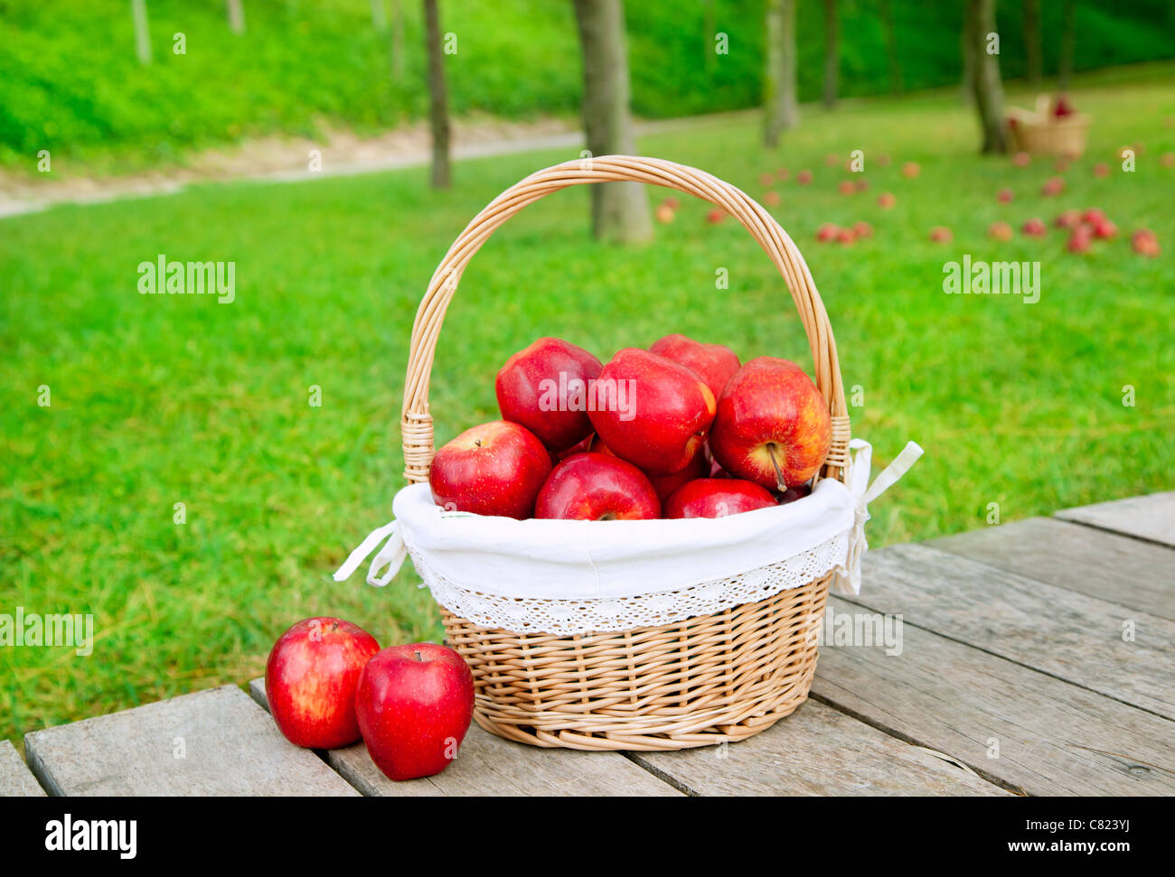 basket of red apples on wood floor with green field background Stock Photo Alamy