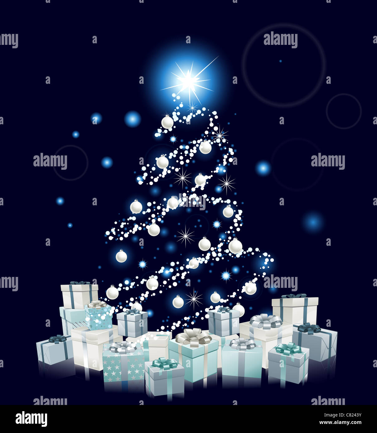 Modern style Christmas tree design. Blue and silver Christmas tree with