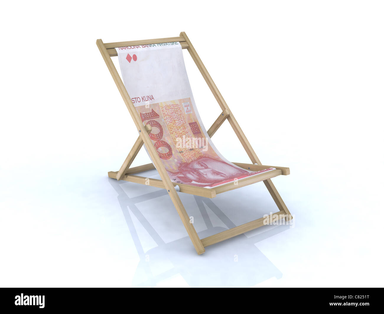 wood beach chair with kuna croatian banknote 3d illustration Stock ...