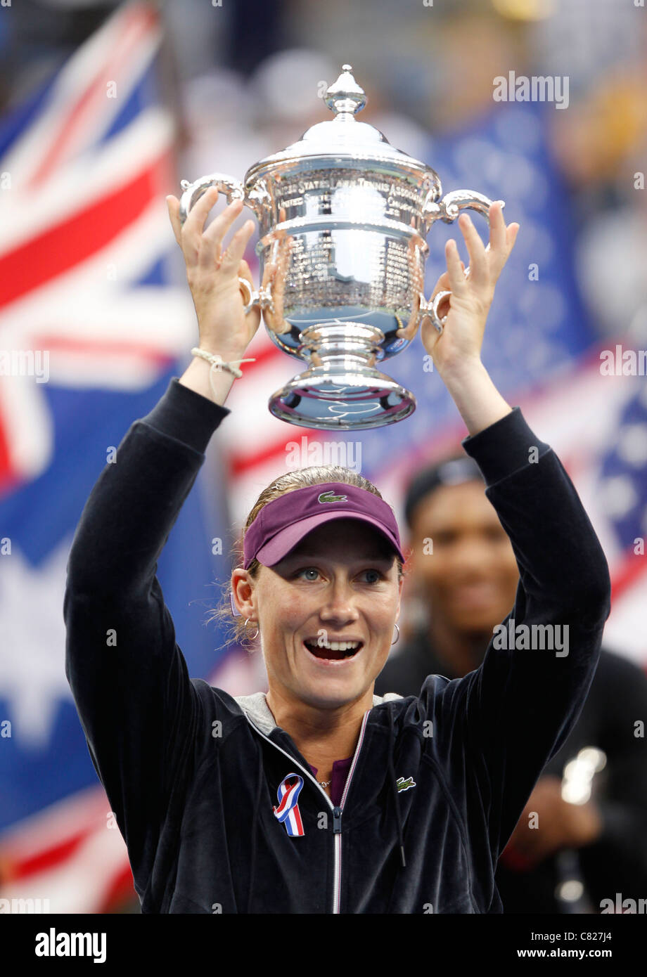 Samantha Stosur (AUS)  holding up her winners trophy  at the U.S. Open 2011, Stock Photo