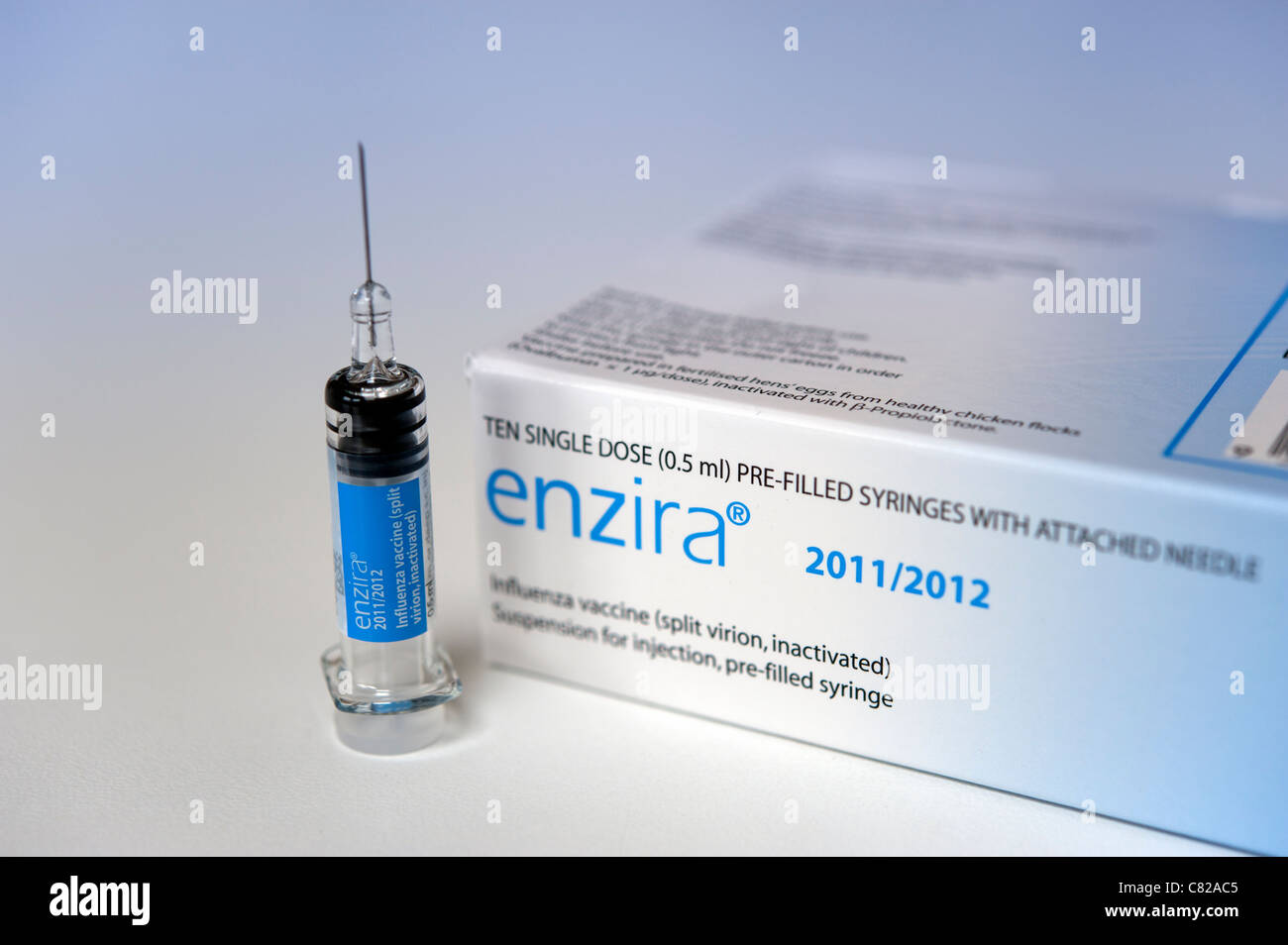 Flu Shot Box Seasonal flu vaccine 2011-2012 syringe and drug box. Differential focus ...