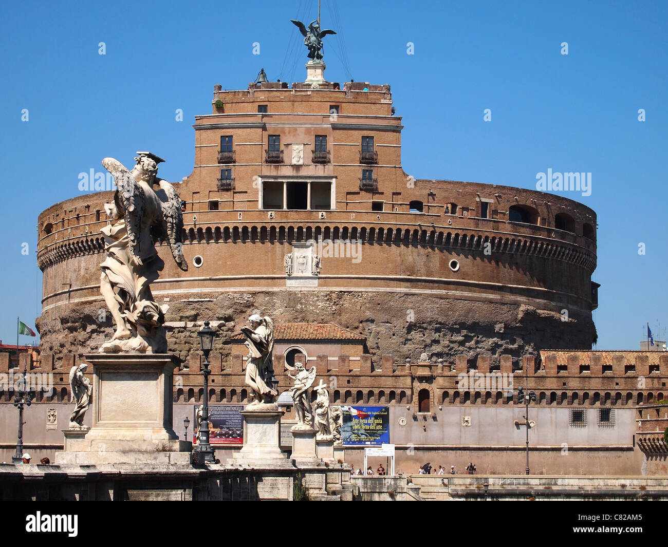 Castel Sant'Angelo in Rome with statues in the foreground on a clear ...