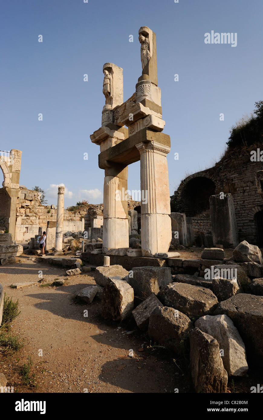 Ephesus, Domitian Square, remaining columns and marble carvings of the Fountain and Temple of Domitian, Ephesus, Turkey Stock Photo