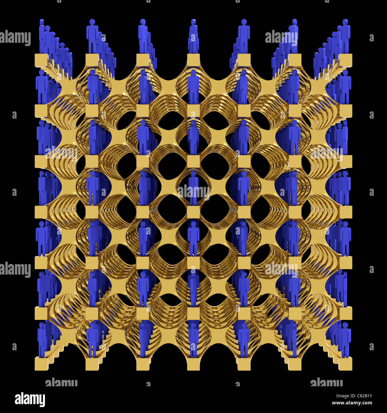 Golden cube with blue figurines as complex networking structure Stock ...