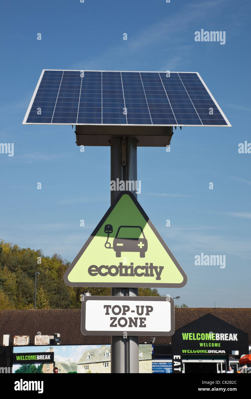 Ecotricity free solar powered EV charge point for recharging electric battery powered vehicles. Welcome Break motorway services Stock Photo