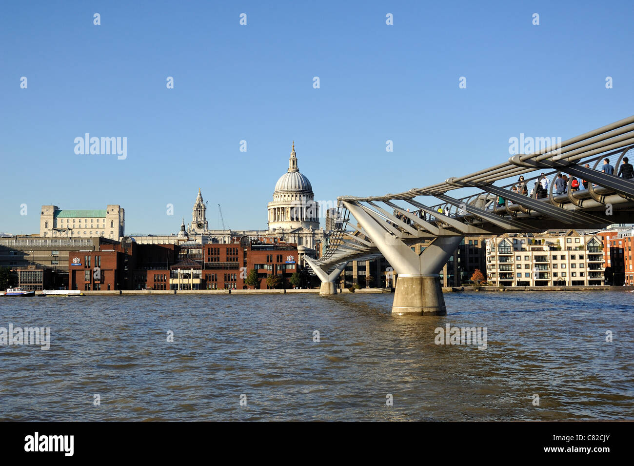View of St Pauls Cathedral and Millennium Bridge London Stock Photo