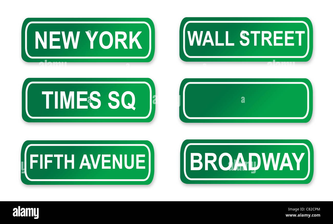 Set of famous New York City street signs; isolated on white background. Stock Photo