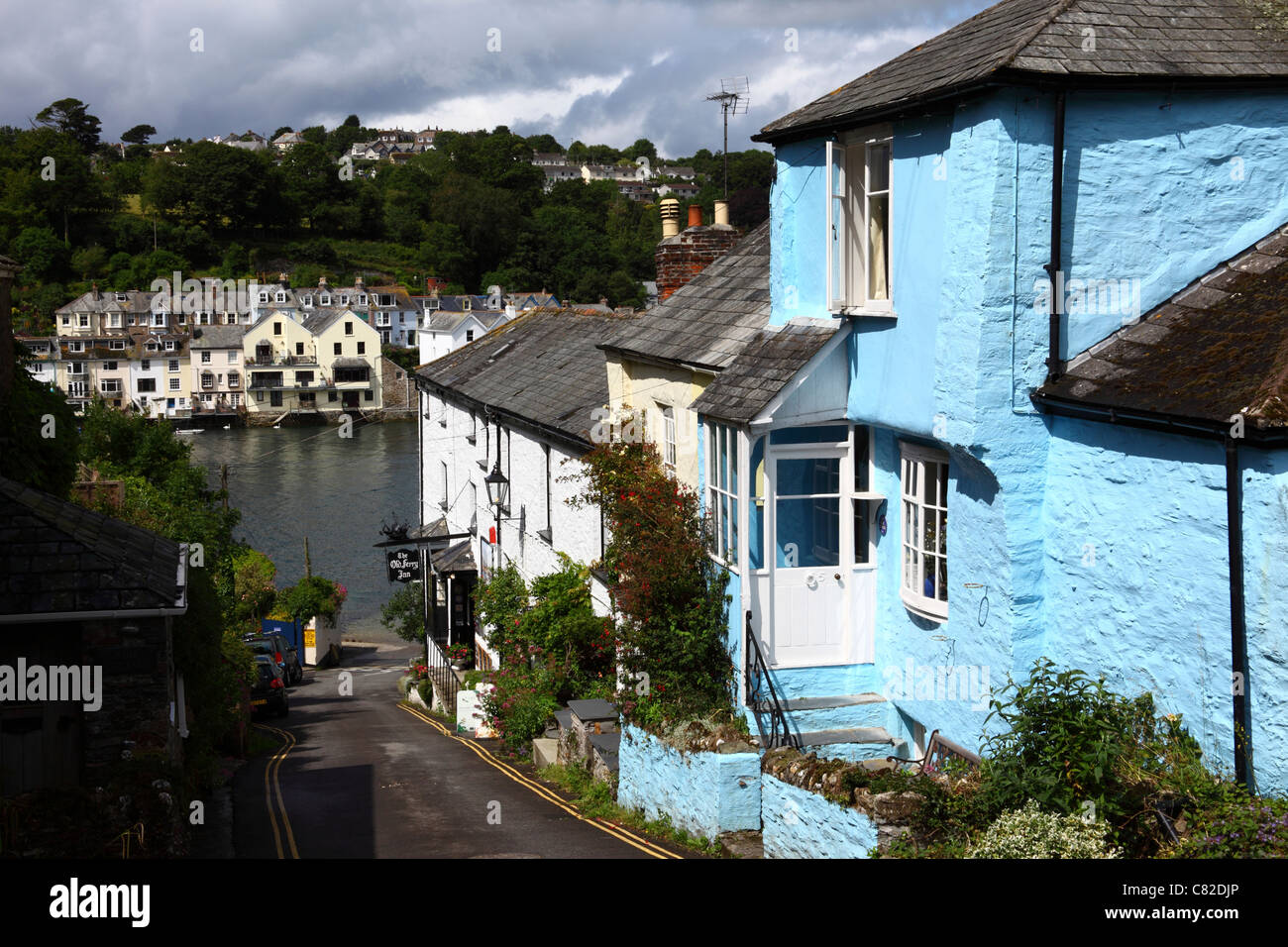 Quaint blue cottage, River Fowey in background , Bodinnick , Fowey , Cornwall , England Stock Photo