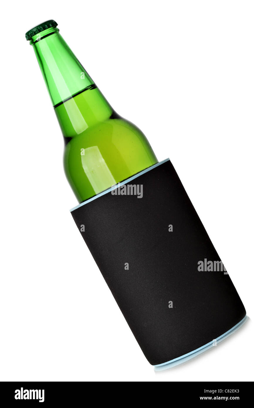 Beer bottle with thermos case isolated over the white background Stock Photo