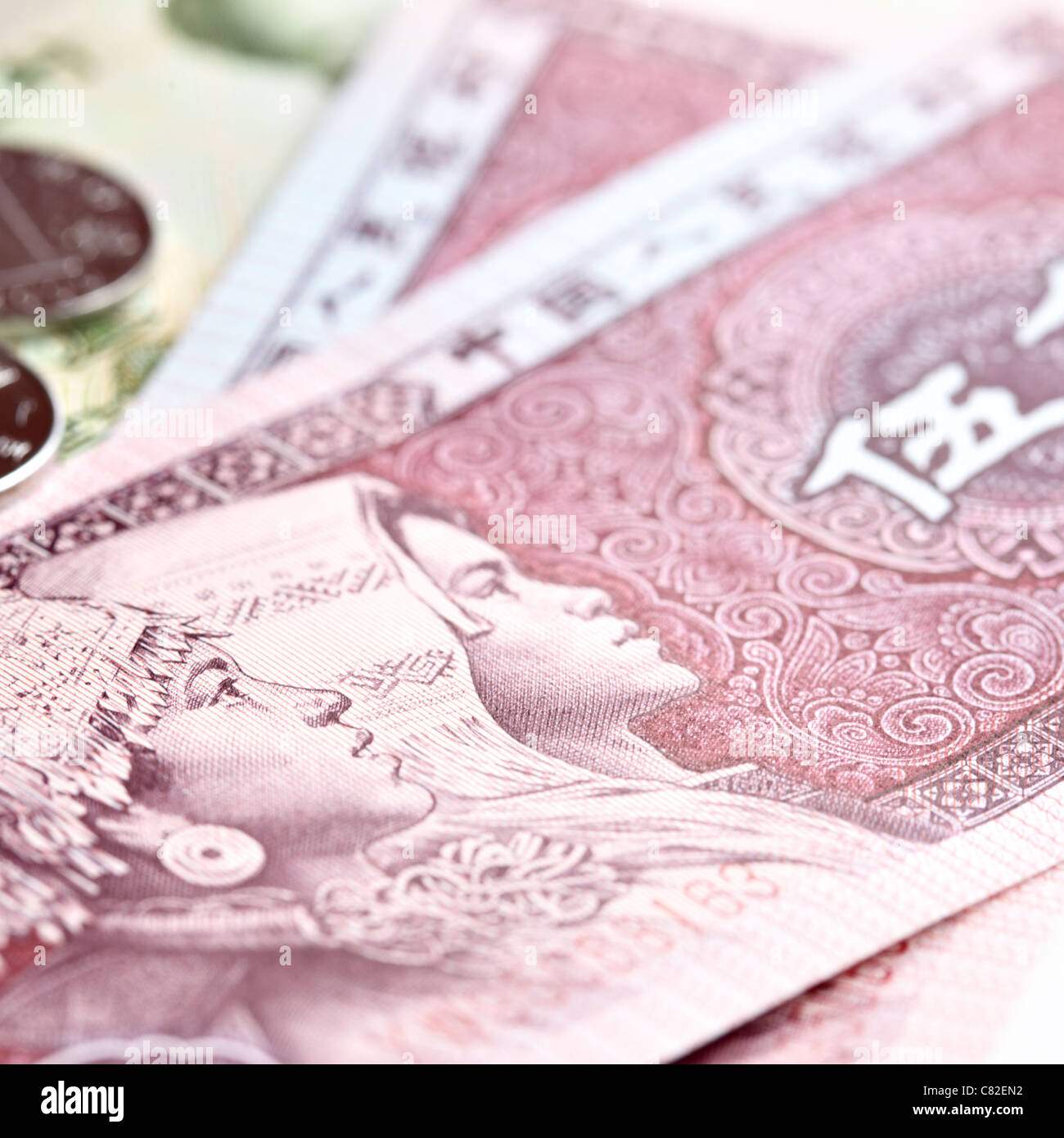 Chinese yuan renminbi banknotes and coins close-up Stock Photo