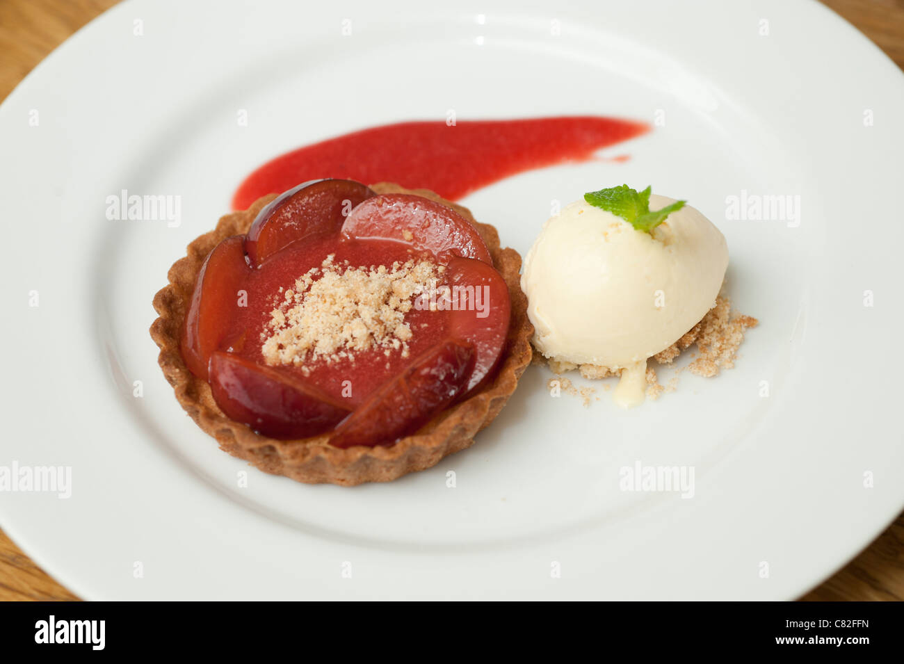 Plum and almond tart at The Checkers restaurant in Montgomery Powys mid wales. The establishment
