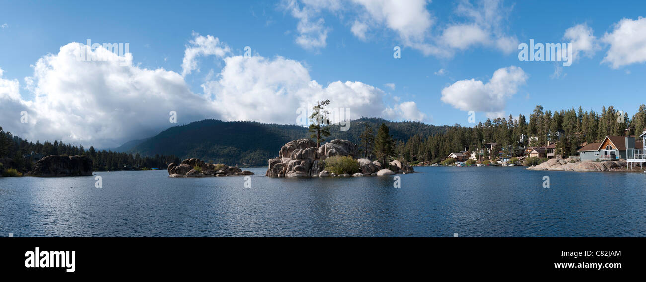 Sweeping panoramic landscape in Big Bear lake California. A small island Stock Photo
