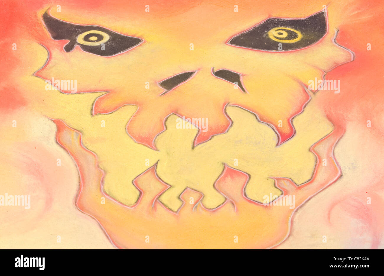 Halloween chalk art images, using a sidewalk as the canvas, at the