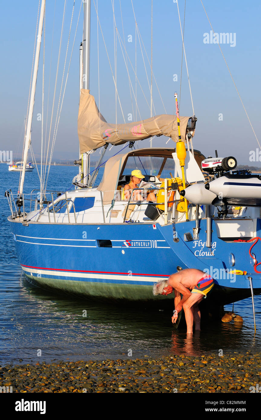 Southerly lifting keel yacht drying out at East Head Chichester Harbour