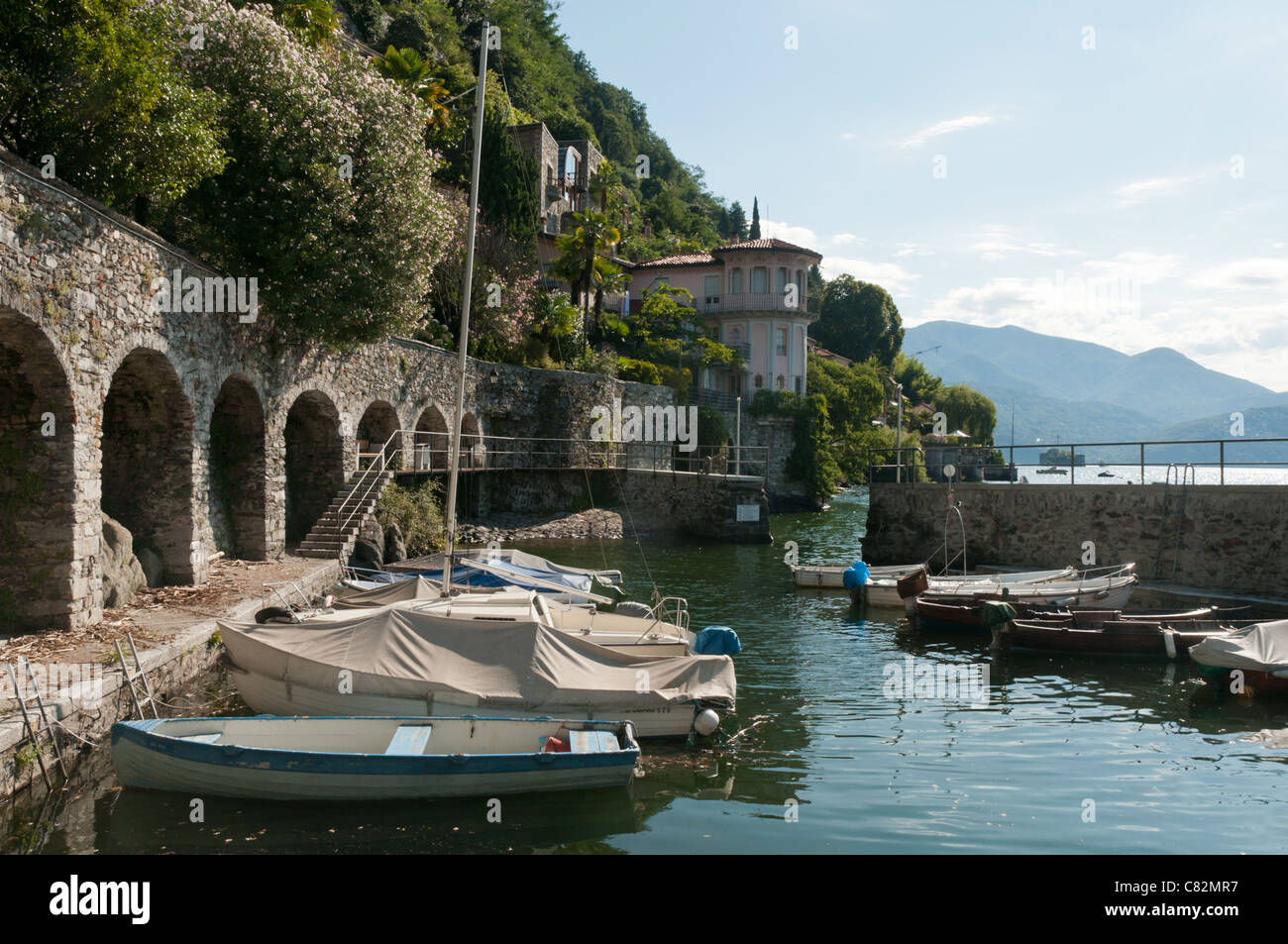 The small harbour at Cannero Riveria, Lake Maggiore, Italy Stock Photo