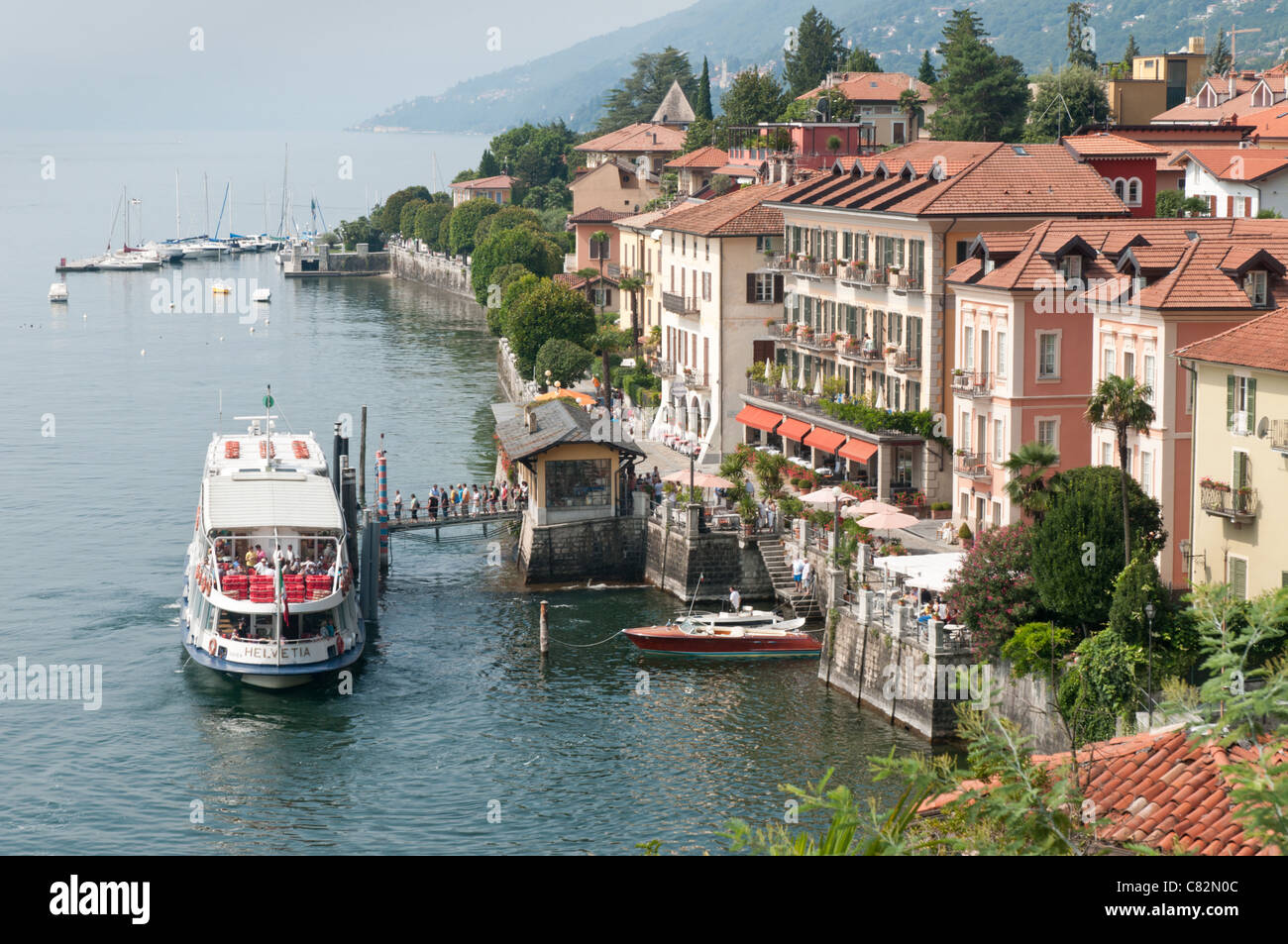 Passenger ferry docked at Cannero Riviera, Lake Maggiore, Italy. Stock Photo