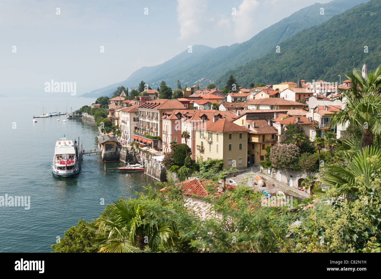 Passenger ferry docked at Cannero Riviera, Lake Maggiore, Italy. Stock Photo