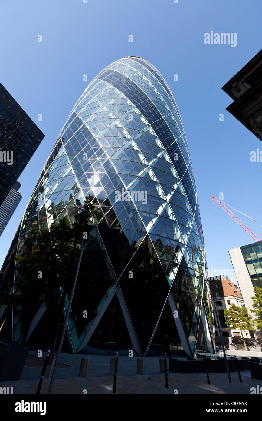 30 St Mary Axe, the Swiss Re Building (colloquially known as the Gherkin), London, England, UK. Stock Photo