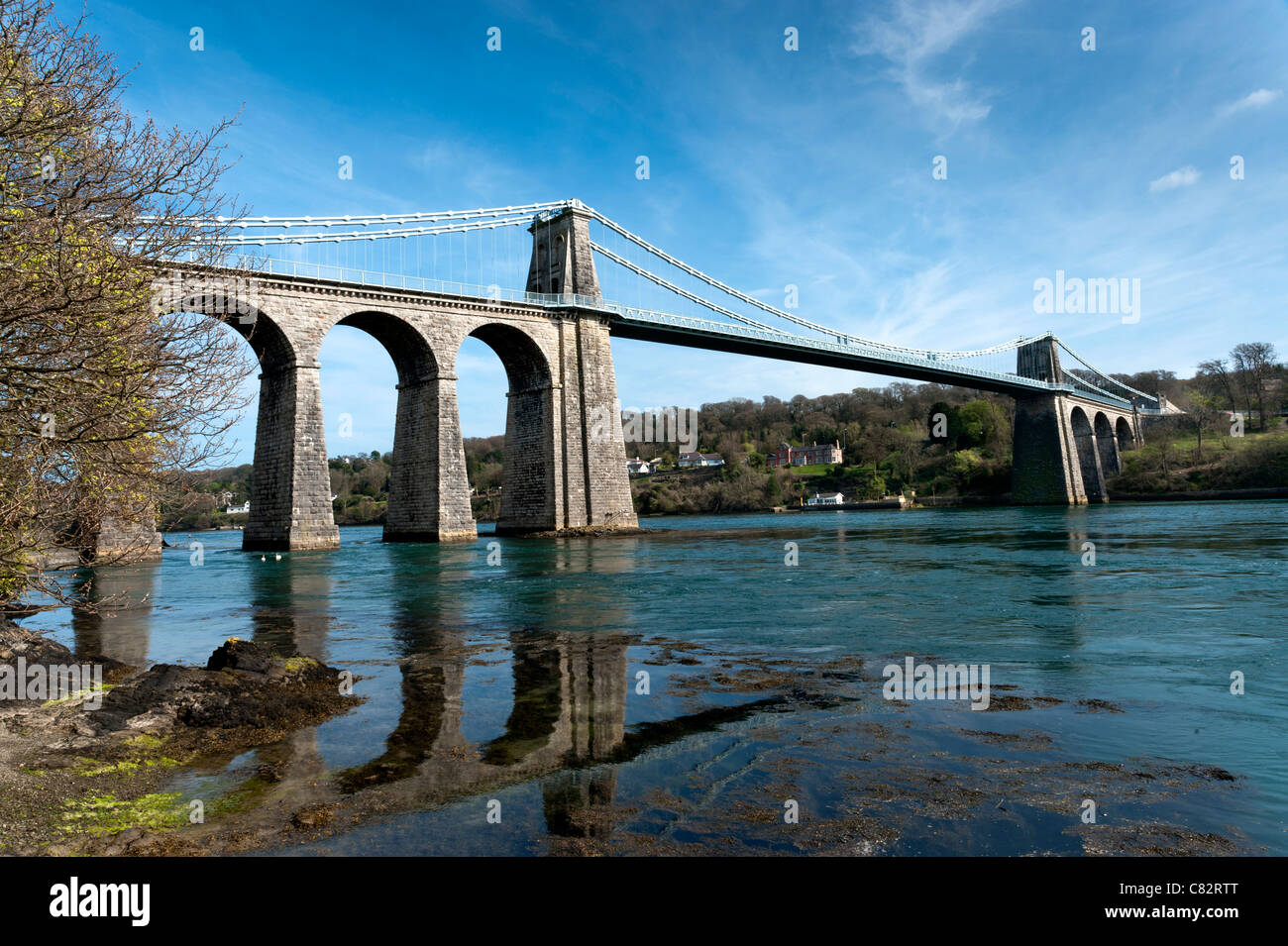 Menai Bridge Menai strait Anglesey North Wales UK. Stock Photo