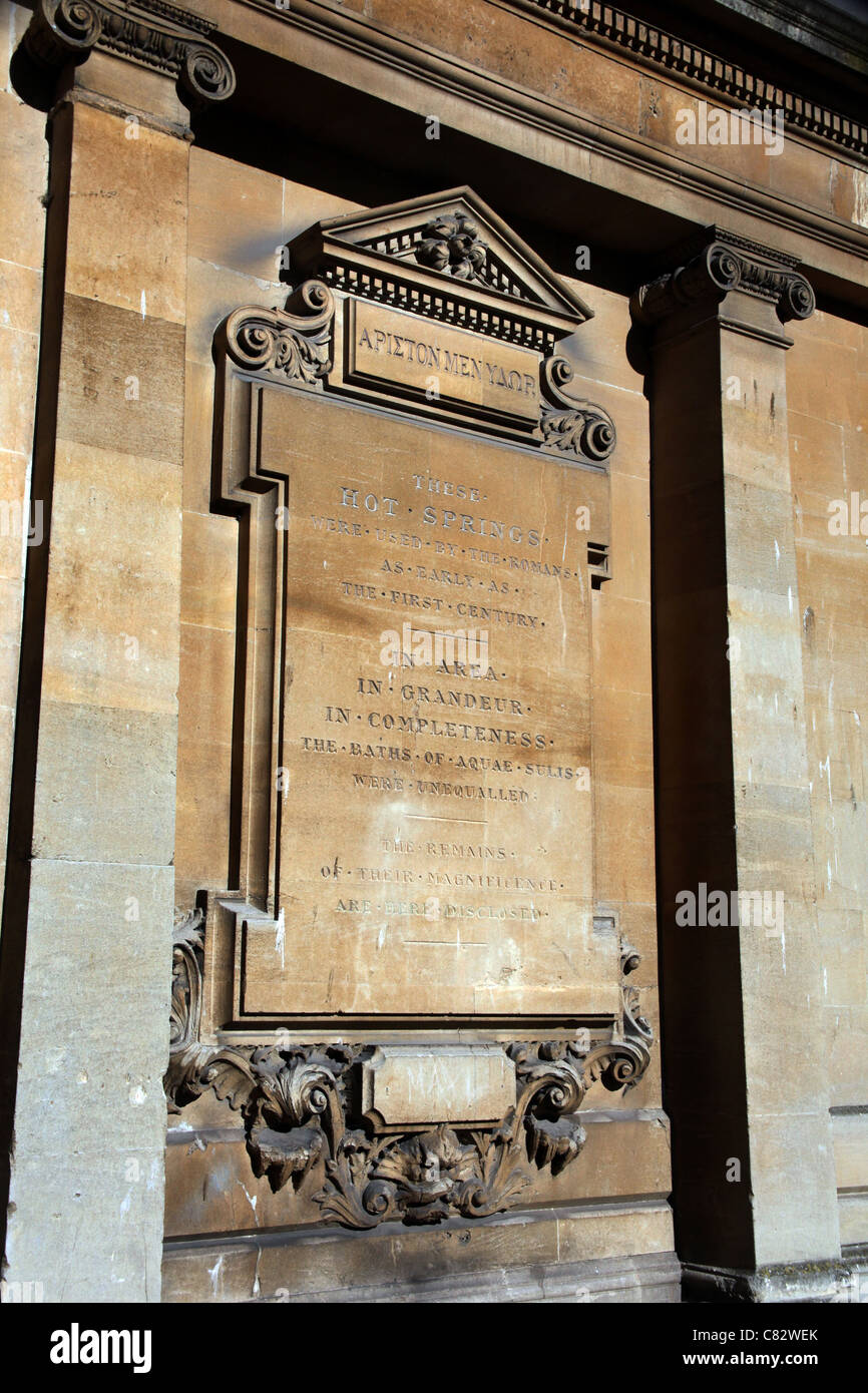 Plaque in York Street detailing the history of the Roman Baths in Bath, N.E. Somerset, England, UK Stock Photo